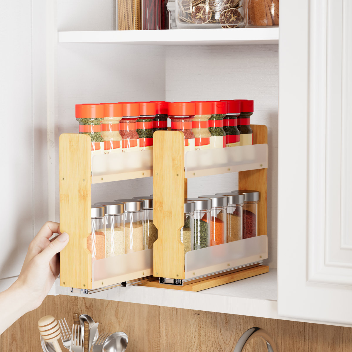 Bamboo Pull-out Spice Rack Organizer — Heavy Duty Sliding Cabinet Pantry — 5.1" W, 2-tier, 2 Drawers (2" Wide), Natural
